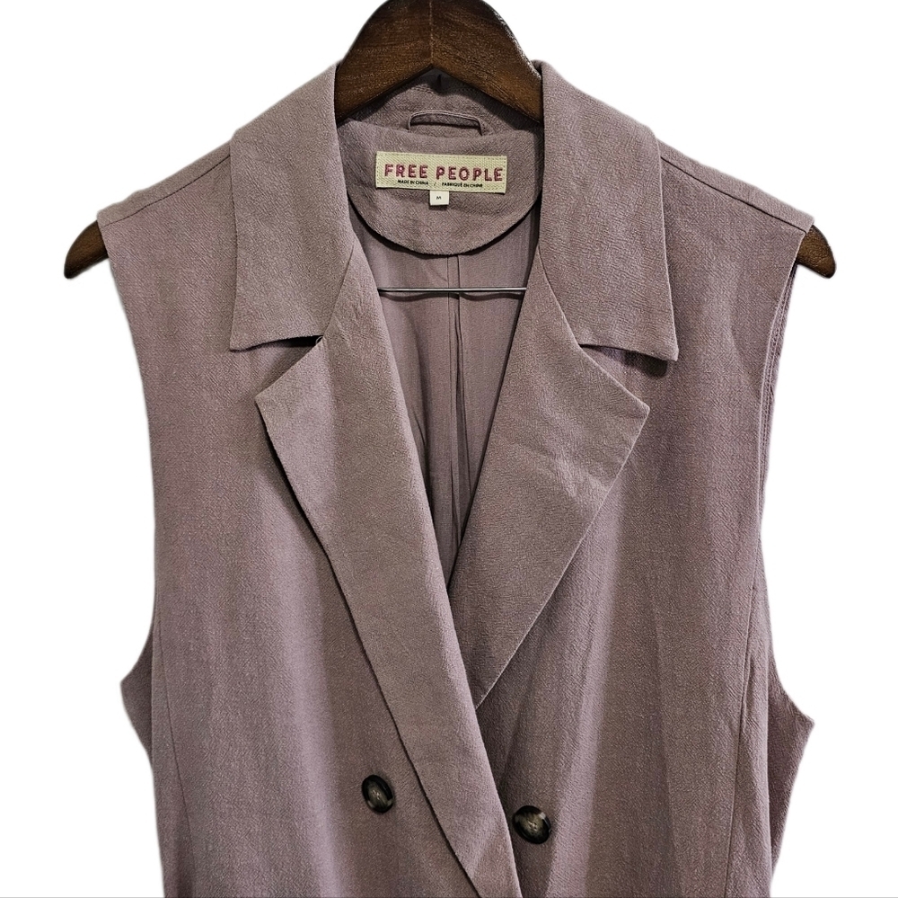 Free People vest linen mauve long button belted size medium - Picture 2 of 9